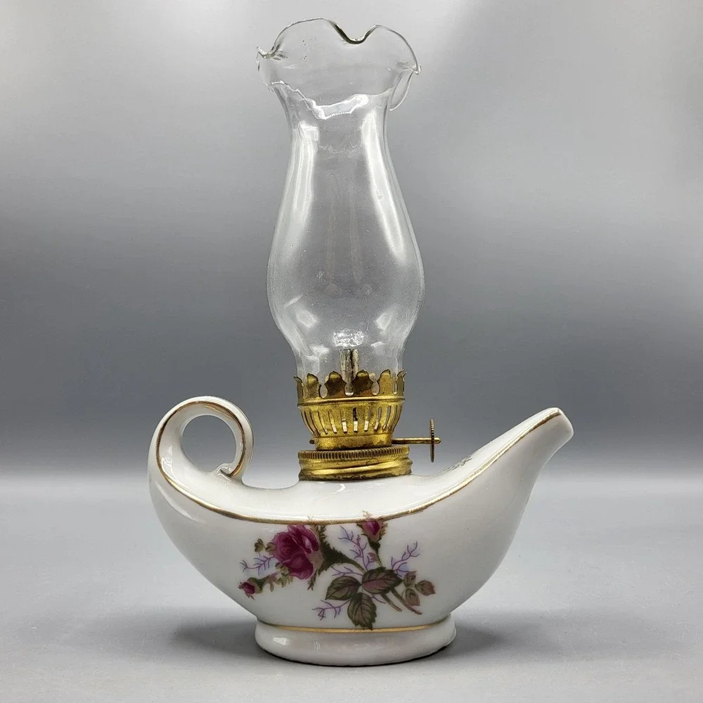 Vtg Genie Aladdin Mini Porcelain Oil Lamp Moss Rose Gold Trim Japan 7.5